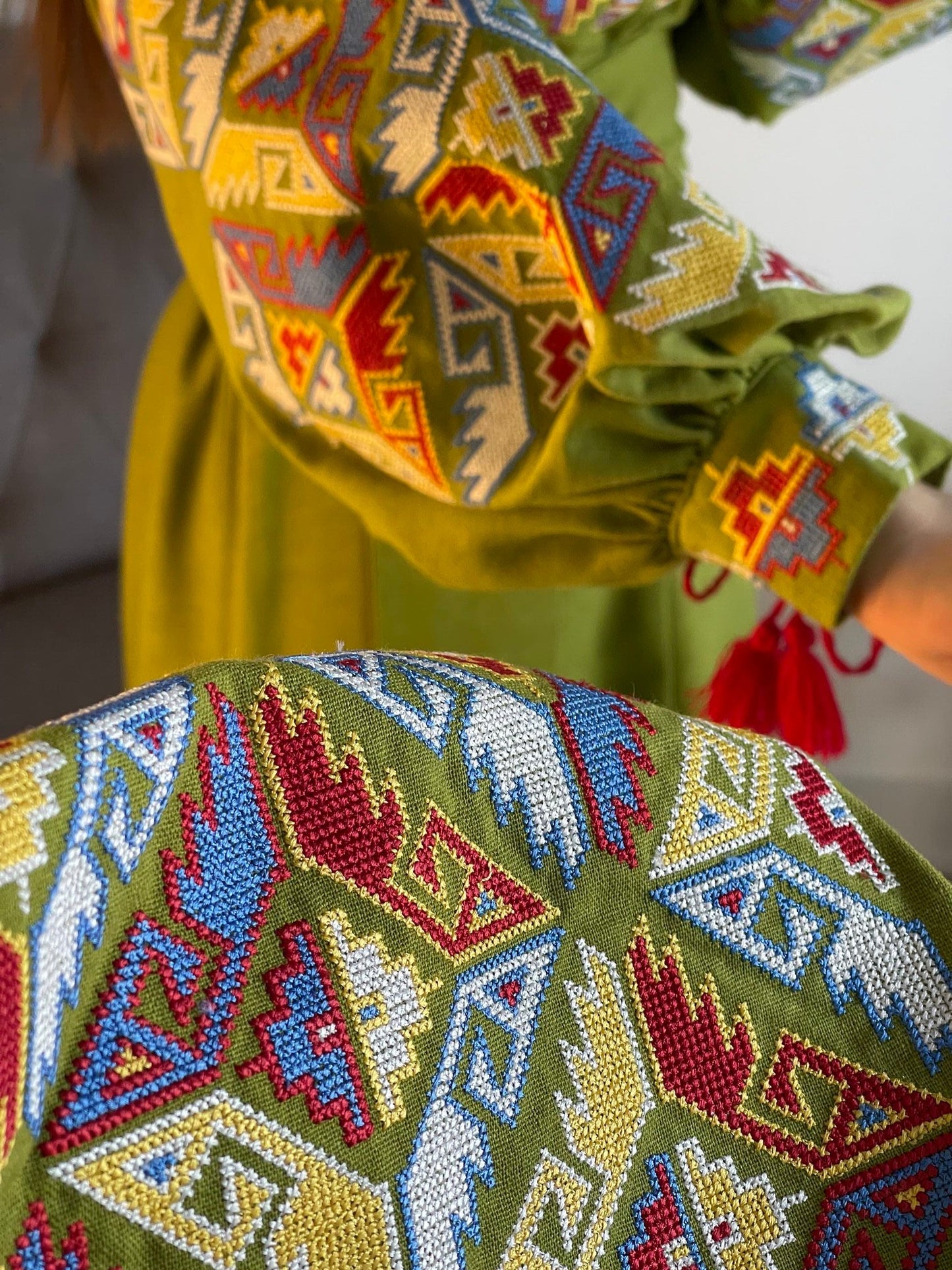 Verdant Harmony: The Whimsical Salad Green Ukrainian Vyshyvanka Dress with Vibrant Embroidery - Vatra