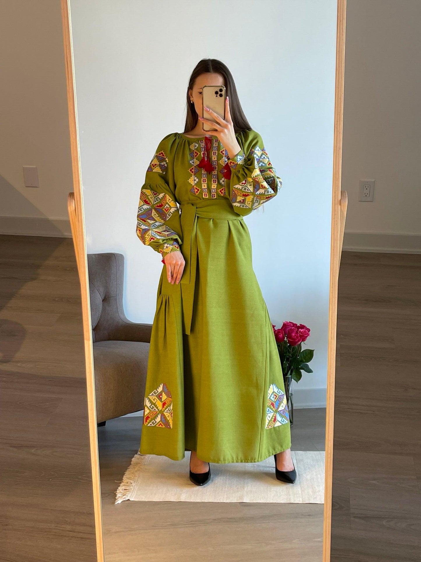 Verdant Harmony: The Whimsical Salad Green Ukrainian Vyshyvanka Dress with Vibrant Embroidery - Vatra